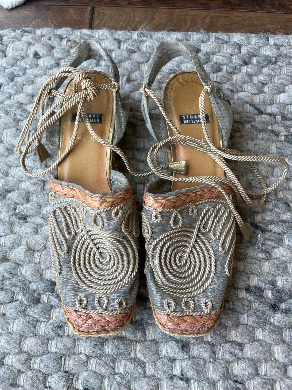 Stuart Weitzman Gray Espadrilles with Cream Rope Embroidery and Tan Braided Trim